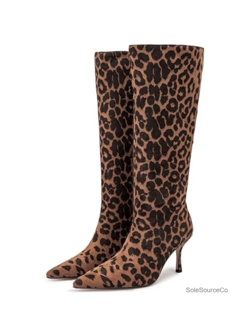 Womens Leopard Print Knee High Boots Kitten Heel Pointed Toe Suede Side Zip